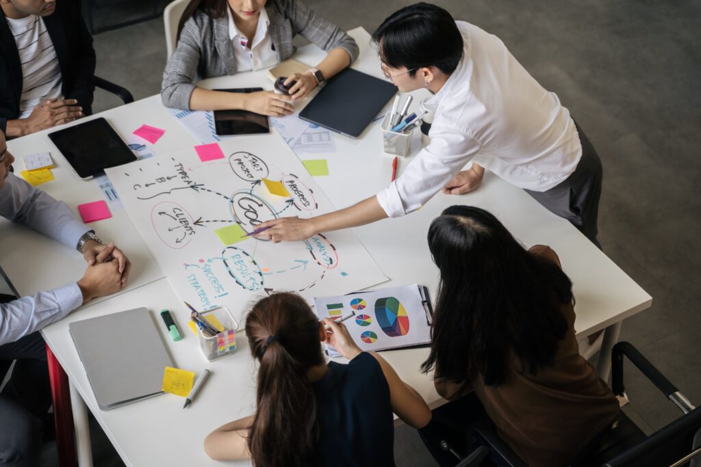 Team meeting in modern office design planning ideas.