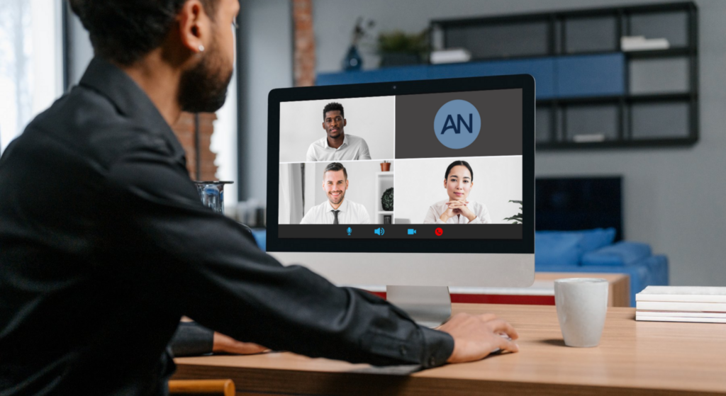 Desktop computer screen showing a virtual meeting where an AI Meeting Note-Taker is documenting the discussion